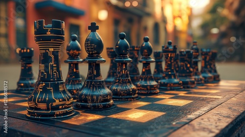 A chessboard aglow is the setting for a chess game with futuristic pieces, including the king, queen, and rook
