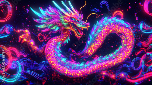 Vibrant neon dragon illustration with colorful background and intricate details for digital wallpaper design