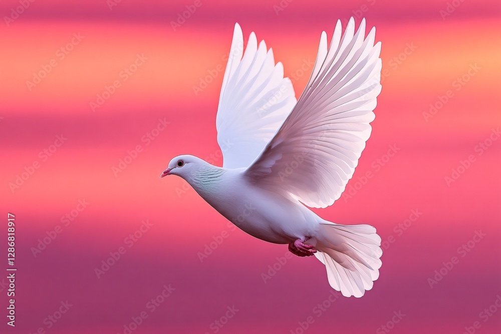 Fototapeta premium White dove flying with open wings at sunset, symbol of peace and hope