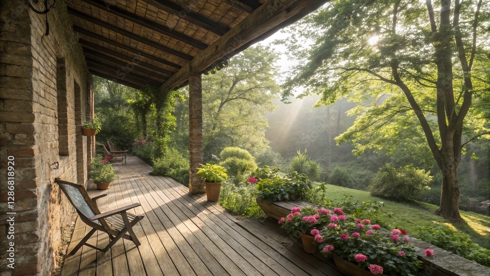 Rustic Porch Serenity Wooden Deck, Sunlit Garden View, Brick House, Tranquil Landscape Photography, Rustic Porch, Garden Rustic, Landscape photography Rustic Porch Serenity Wooden Deck, Sunlit Garden View, Brick House, Tranquil Landscape Photography, Rustic Porch, Garden Rustic, Landscape photography