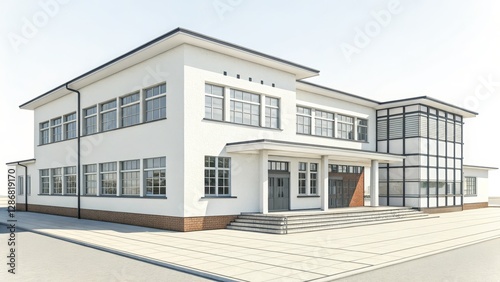 Fototapeta Naklejka Na Ścianę i Meble -  White Modern Building 3D Render Exterior Design, Architectural Visualization, School Concept, Building Exterior 3D rendering, architecture