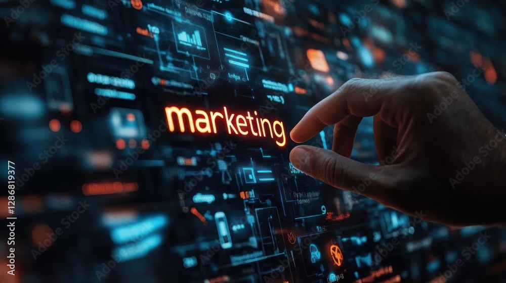 Digital marketing technology and internet advertising concept. Businessman pressing digital marketing button on Digital marketing technology and internet advertising concept. Businessman pressing digital marketing button on