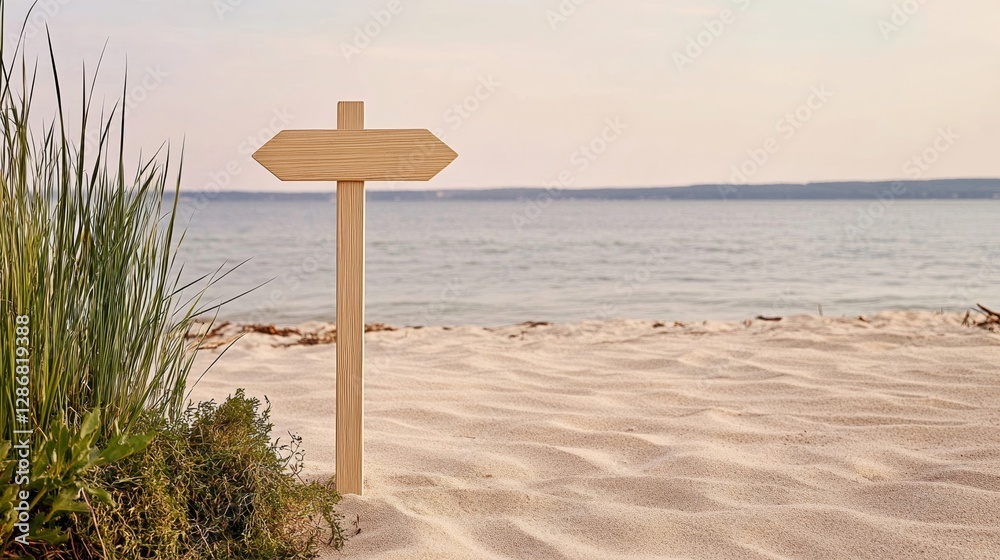 Elegant Signpost in the sand surrounded by driftwood and seaweed with arrows for boat dock fish market and sunset point Elegant Signpost in the sand surrounded by driftwood and seaweed with arrows for boat dock fish market and sunset point