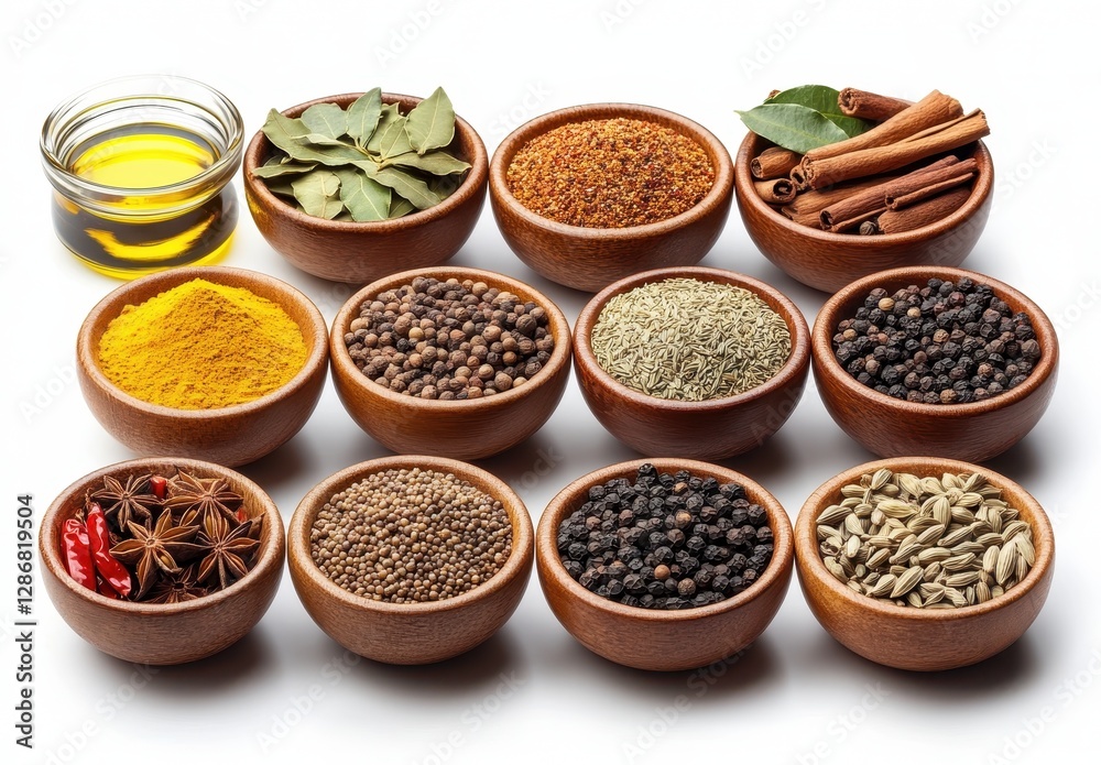 Assorted Dried Spices and Herbs in Wooden Bowls with Oil on White Background for Culinary, Cooking, or Food Design Projects Assorted Dried Spices and Herbs in Wooden Bowls with Oil on White Background for Culinary, Cooking, or Food Design Projects