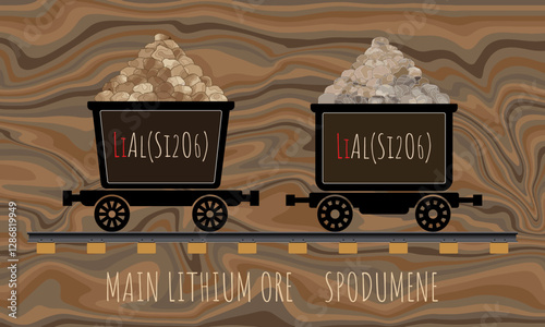 Vector drawing of SPODUMENE in wheelbarrows. Hand drawn illustration. LITHIUM ORE. Lithium-containing mineral.
