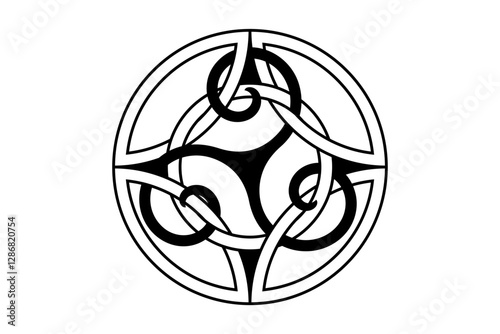 Celtic knot interlocking a Triskele, mystic round logo design, circle shape icon template. Spiral triskelion sign. Sacred tattoo symbol, black vector isolated on white background