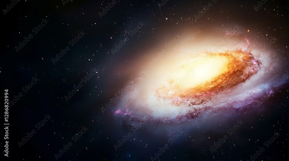Fototapeta premium Elegant View of a distant galaxy with swirling arms glowing in shades of blue and purple vast and majestic cosmic wonder 