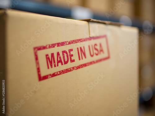 A close-up of a cardboard box with a bold red stamp stating made in usa set in a blurred warehouse background conveying a sense of American manufacturing and commerce