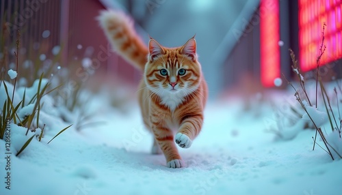 Vibrant Orange Cat in Snowy Forest