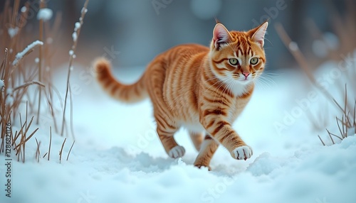 Vibrant Orange Cat in Snowy Forest