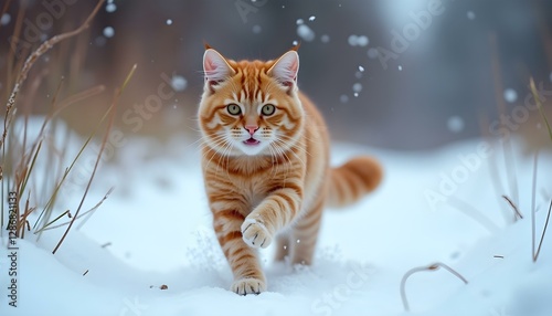 Vibrant Orange Cat in Snowy Forest