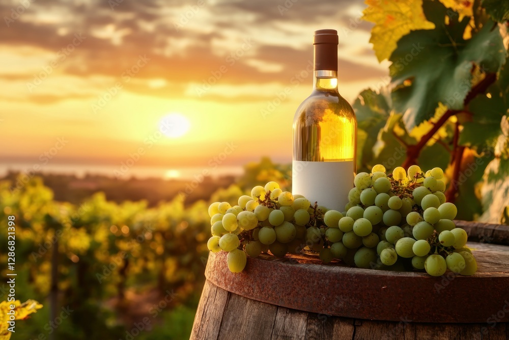Fototapeta premium Sunset Over Vineyards with Wine Bottle and Fresh Grapes Display