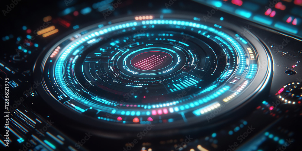 Futuristic interface with glowing blue and red elements. Intricate digital design suggests advanced technology and complex data processing. Futuristic interface with glowing blue and red elements. Intricate digital design suggests advanced technology and complex data processing.