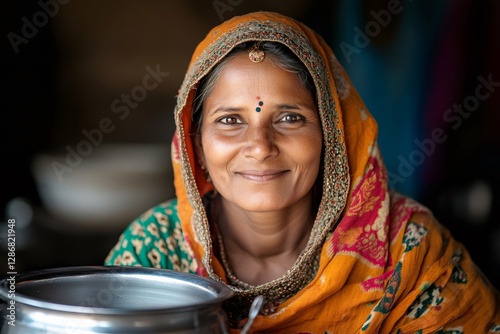 Indian woman smiling and holding a metal pot in a rural village