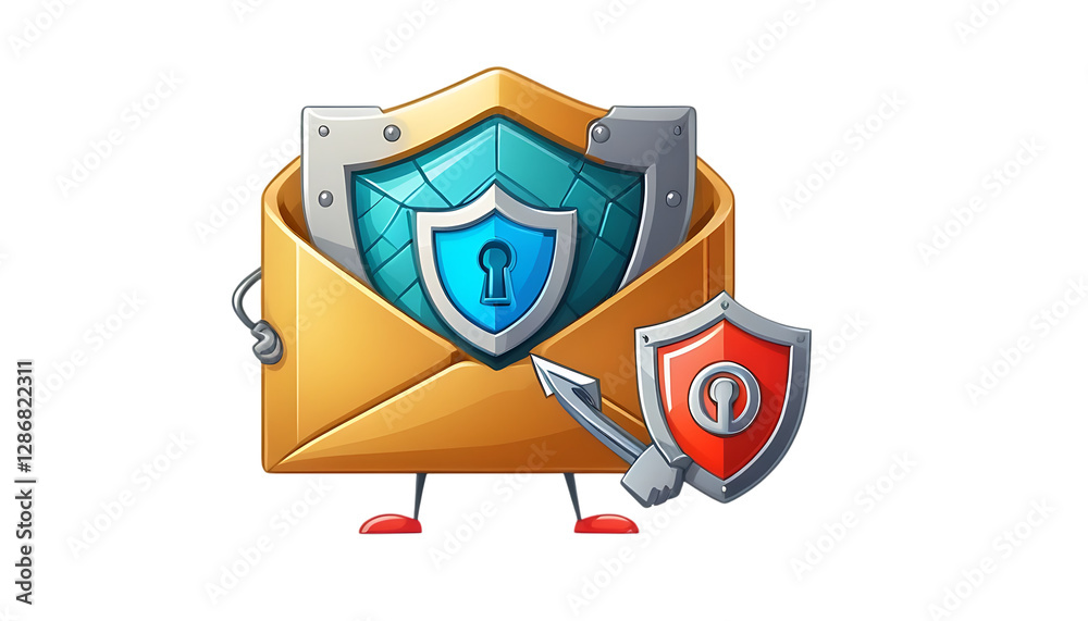 Obraz premium Cartoon mail with shield, unlock encrypted email