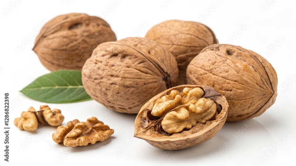 Close-up of Walnuts with Shell and Leaf Composition of Four Walnuts, One Open, White Background, Healthy Food, Nut, Kernel walnuts, healthy food Close-up of Walnuts with Shell and Leaf Composition of Four Walnuts, One Open, White Background, Healthy Food, Nut, Kernel walnuts, healthy food