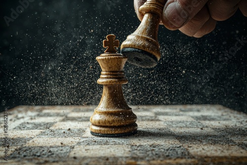The hand of a businessman is shown moving a gold Chess King figure to secure a checkmate against his opponent in a competitive chessboard setting, representing concepts of strategy, success,