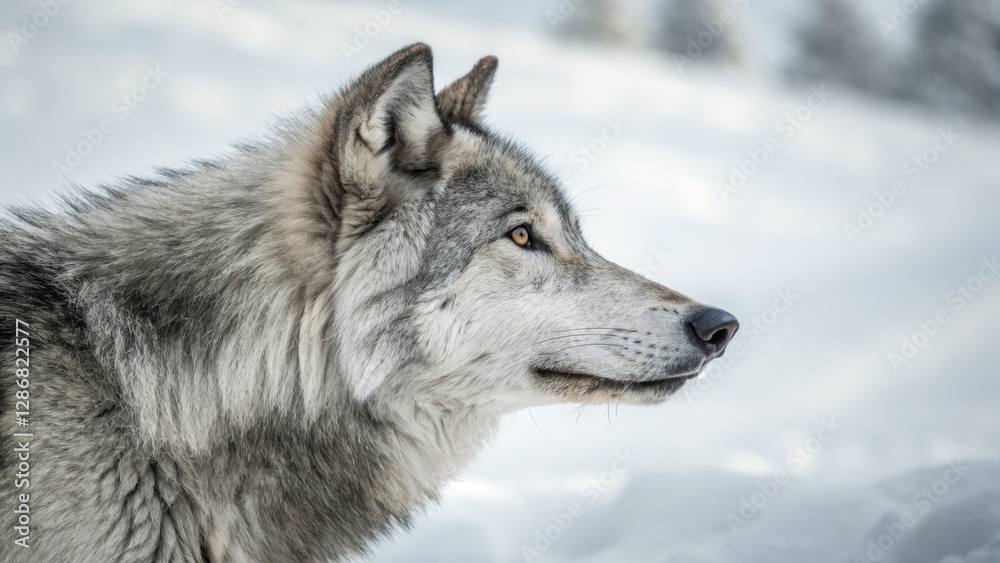 Grey Wolf Profile in Winter, Close-up, Wildlife Photography, Canis Lupus, Snow Landscape Wolf, Portrait Grey Wolf Profile in Winter, Close-up, Wildlife Photography, Canis Lupus, Snow Landscape Wolf, Portrait