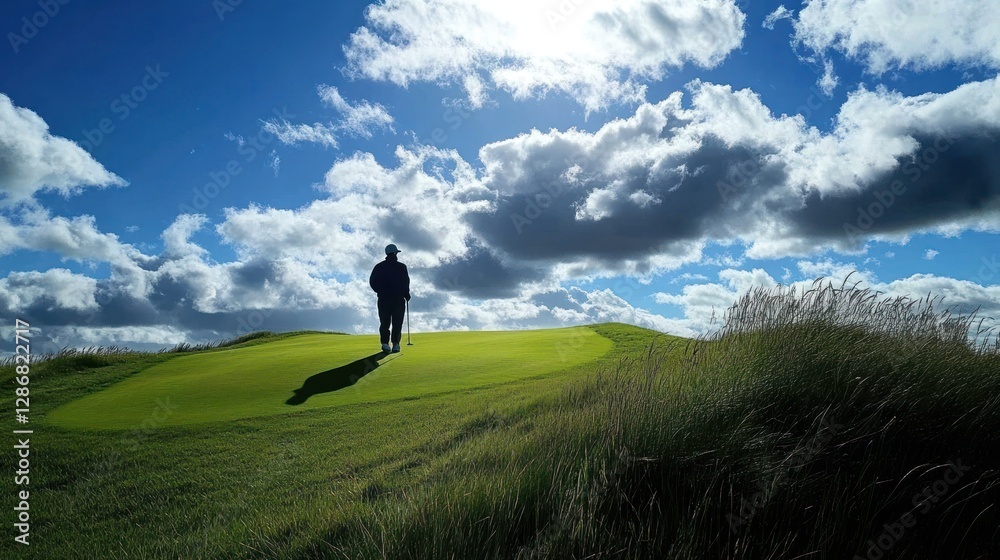 Golfer Walking on Green Course Under Cloudy Blue Sky Landscape Golfer Walking on Green Course Under Cloudy Blue Sky Landscape