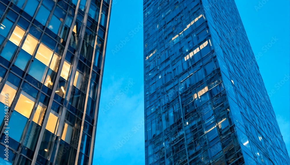Fototapeta premium the windows of two skyscrapers reflect the light of dusk.