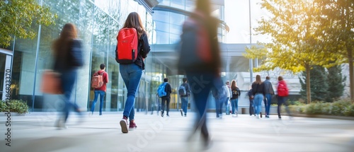 Crowd of students walking through a college campus, motion blur