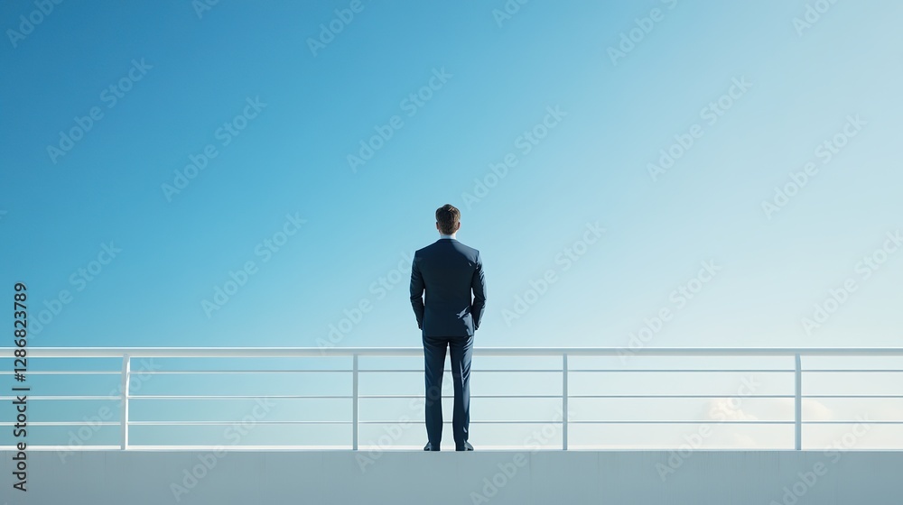 A Man in a Suit Standing with His Back to the Camera, by a White Railing, Gazing at the Blue Sky A Man in a Suit Standing with His Back to the Camera, by a White Railing, Gazing at the Blue Sky
