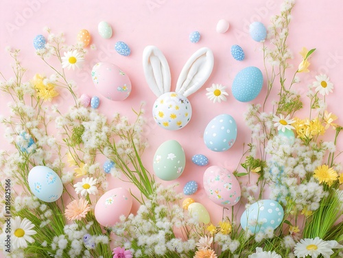 Easter's Pastel Palette: A vibrant composition of pastel-colored Easter eggs and a charming bunny-themed centerpiece, nestled among a bed of delicate flowers. photo