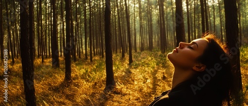 A serene figure basks in golden forest light, eyes closed, connecting profoundly with the natural world through personal contemplation.