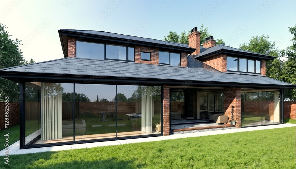 A two-story modern house with large windows and brick exterior. A two-story modern house with large windows and brick exterior.