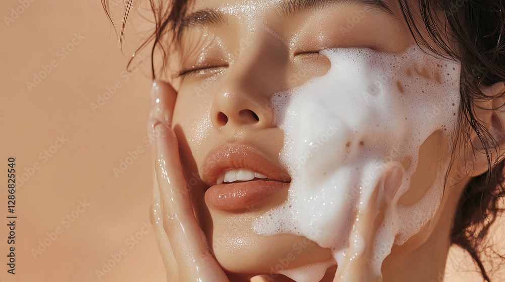 Fototapeta premium Close-up of a woman with foam on her face, cleansing her skin, symbolizing beauty, freshness, and self-care with a focus on skincare routine and healthy glowing skin.