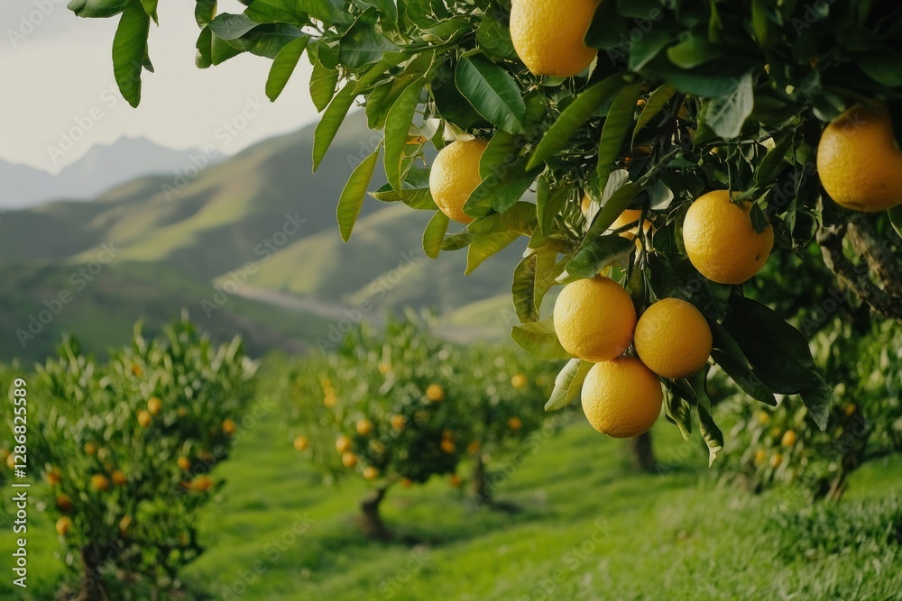 Fresh Oranges on Tree Branch in Lush Green Orchard Landscape Fresh Oranges on Tree Branch in Lush Green Orchard Landscape
