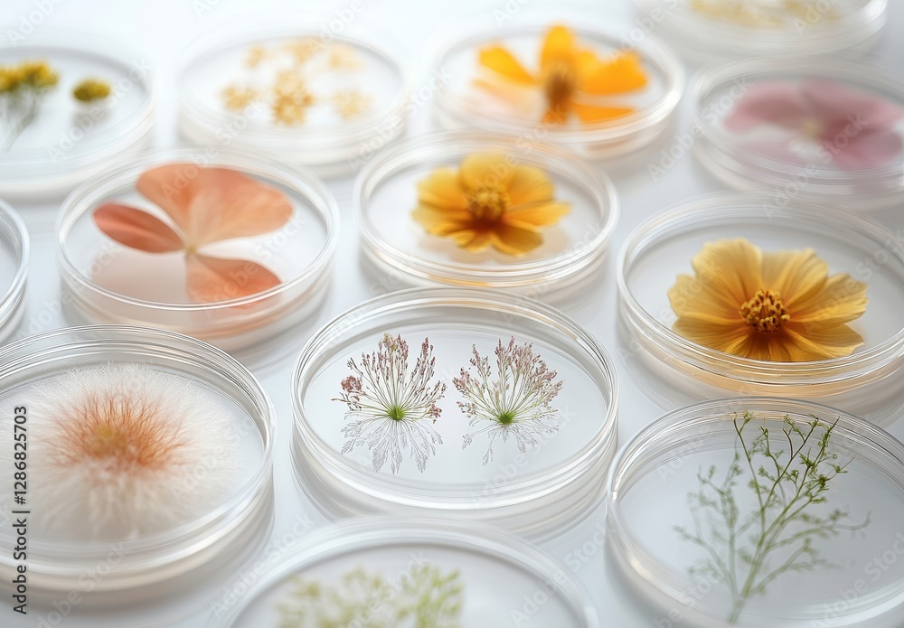 Close-Up View of Colorful Dried Flowers and Foliage Presented in Petri Dishes for Creative Nature-Inspired Projects and Artistic Displays Close-Up View of Colorful Dried Flowers and Foliage Presented in Petri Dishes for Creative Nature-Inspired Projects and Artistic Displays