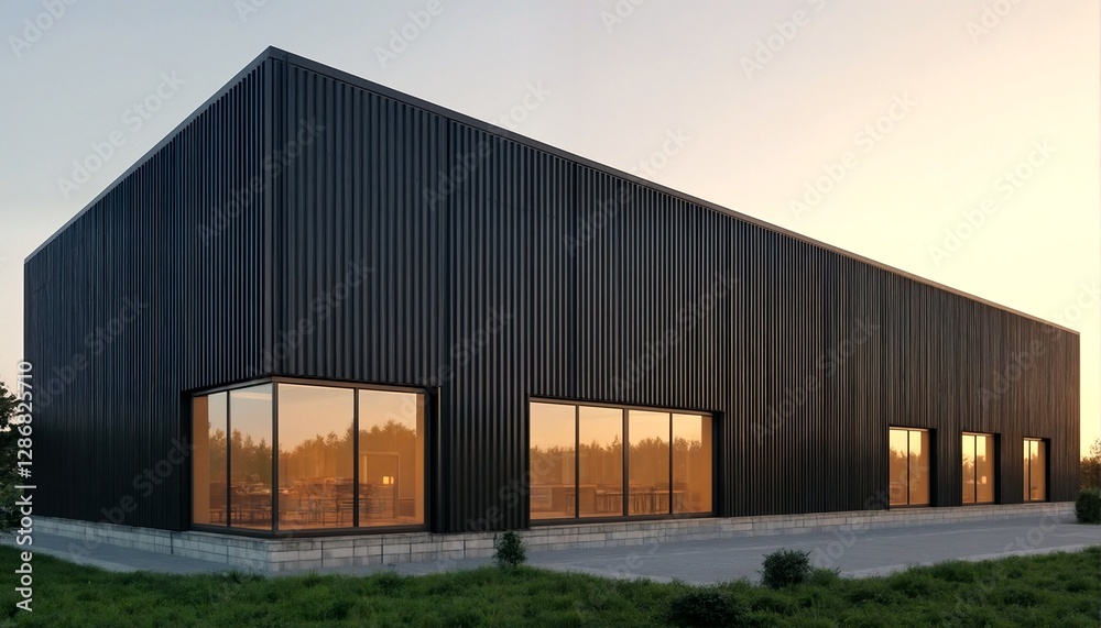 A modern warehouse building with a black corrugated metal exterior and large glass windows. A modern warehouse building with a black corrugated metal exterior and large glass windows.