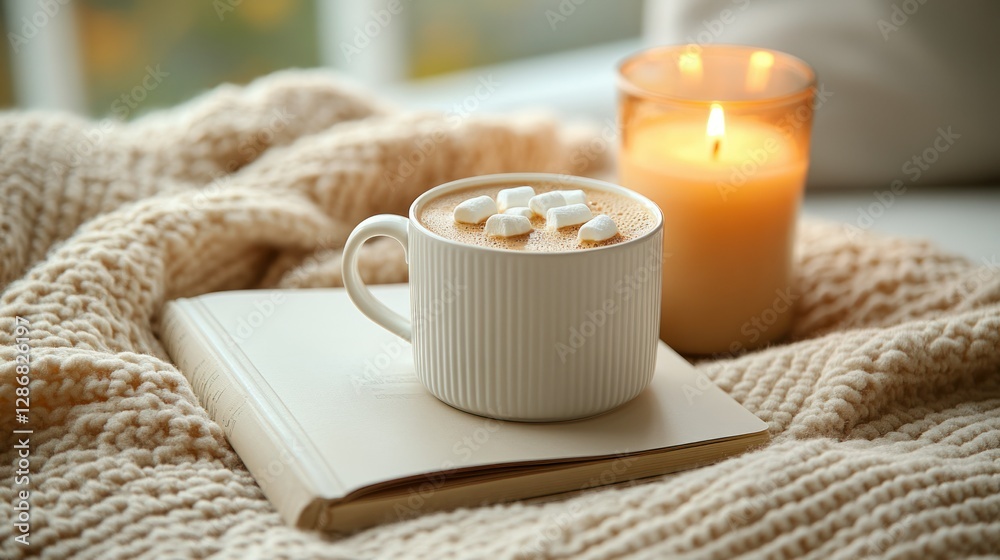 Cozy coffee mug with marshmallows on a windowsill, near a candle and book, autumnal setting Cozy coffee mug with marshmallows on a windowsill, near a candle and book, autumnal setting