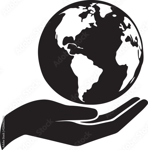 a globe holding hand silhouette, black and white silhouette, vector and illustration