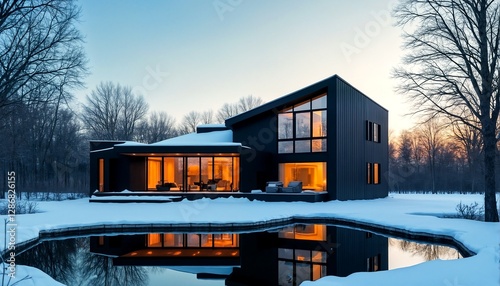 House on a lake surrounded by snow in winter.