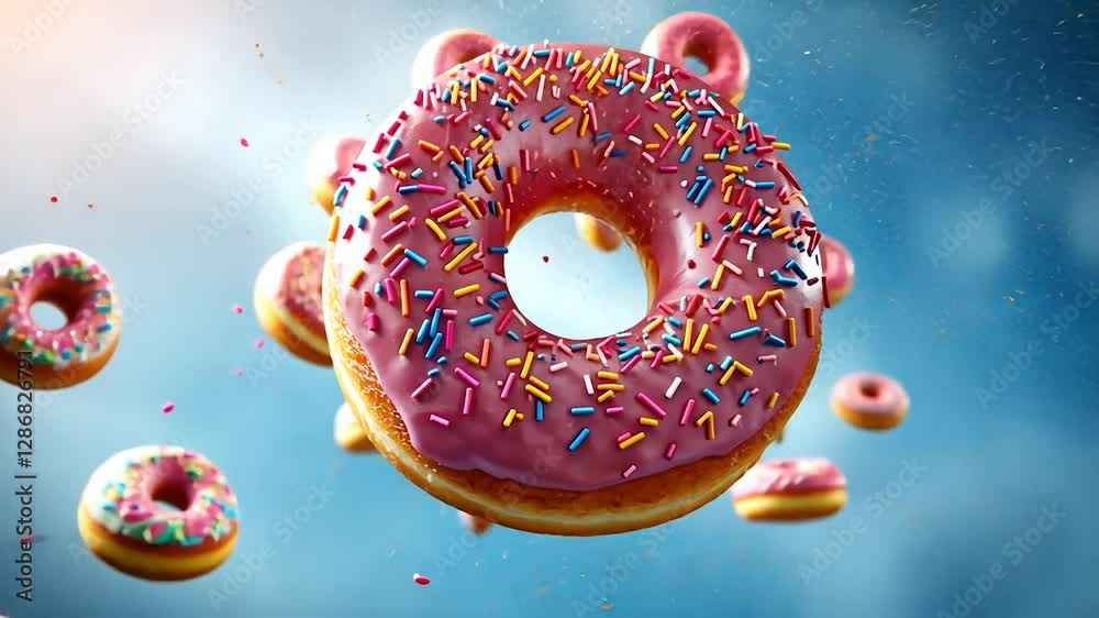 Colorful donuts in mid-air against a soft blue sky