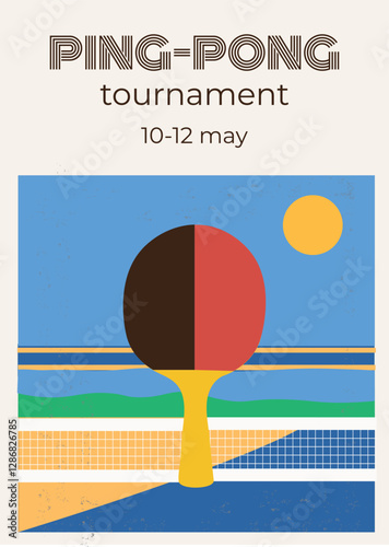 ping pong tournament poster in retro style with racket, net, sea, beach, ball, competition table tennis, racket, ball, tennis net, poster in retro style