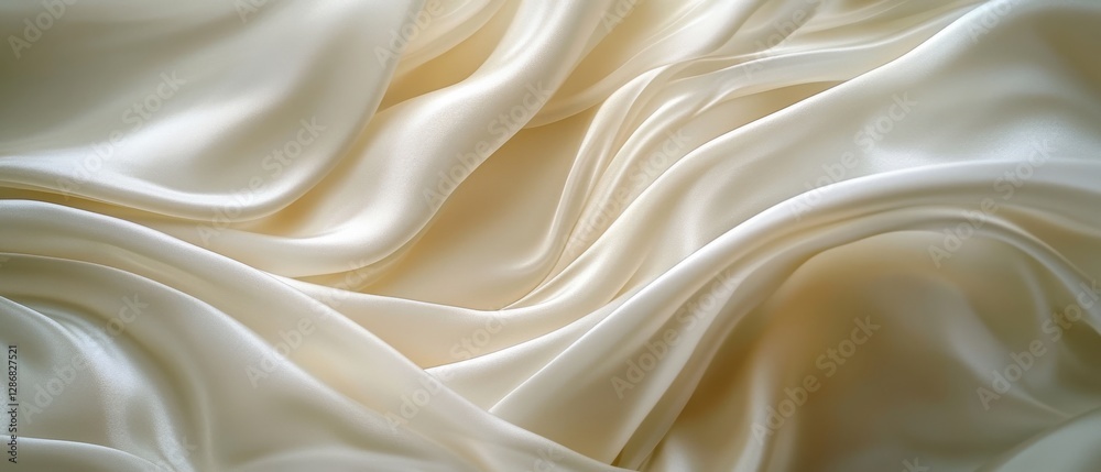 Fototapeta premium Silky, creamy fabric flows gracefully, curating smooth waves and bright highlights in a gentle and inviting display of elegance.