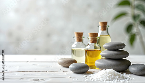 Spa Essentials Aromatic Oils Smooth Stones and Sea Salt on White Wood photo