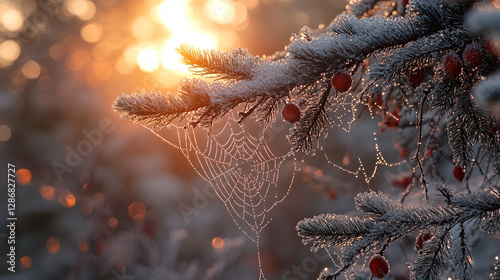Glistening Web on Frosty Branch. Close-up of a frost-covered evergreen branch with delicate spiderwebs glistening in the warm, golden light of the rising sun.