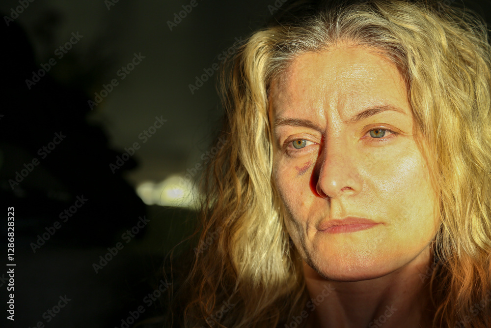 Portrait of blonde woman with green eyes with a black eye due to a blow to the face Portrait of blonde woman with green eyes with a black eye due to a blow to the face