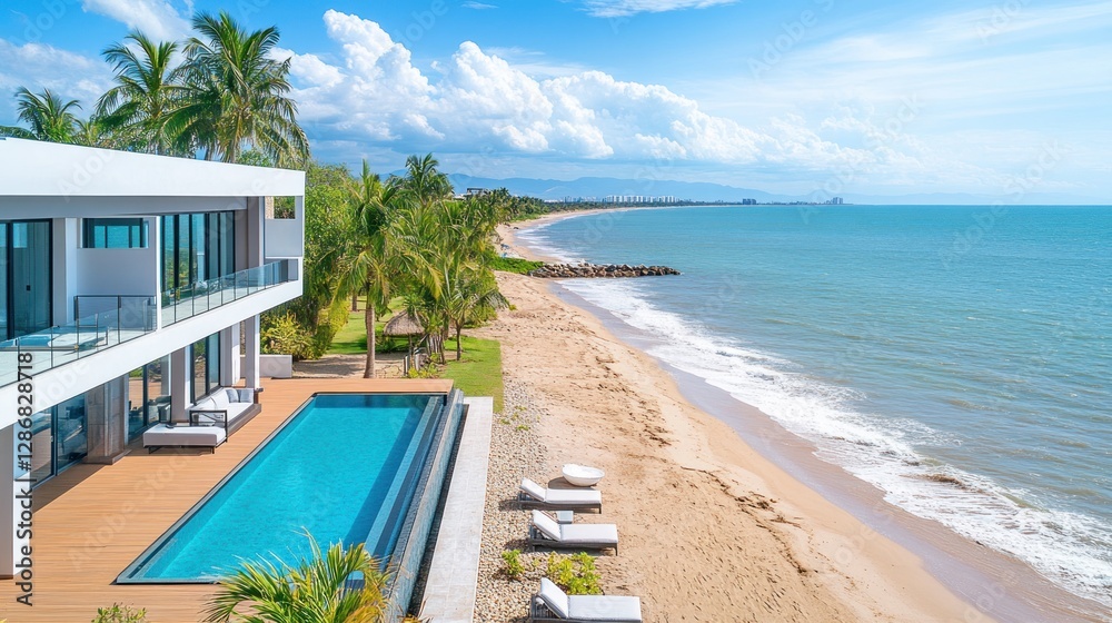 Fototapeta premium Luxury Beachfront Villa with Pool and Ocean View on Sunny Day