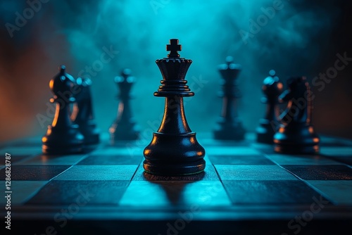 The image depicts a chessboard with chess pieces designed to resemble wallpaper, suitable for use as a banner at a chess school, characterized by its bright blue and neon colors, and featuring