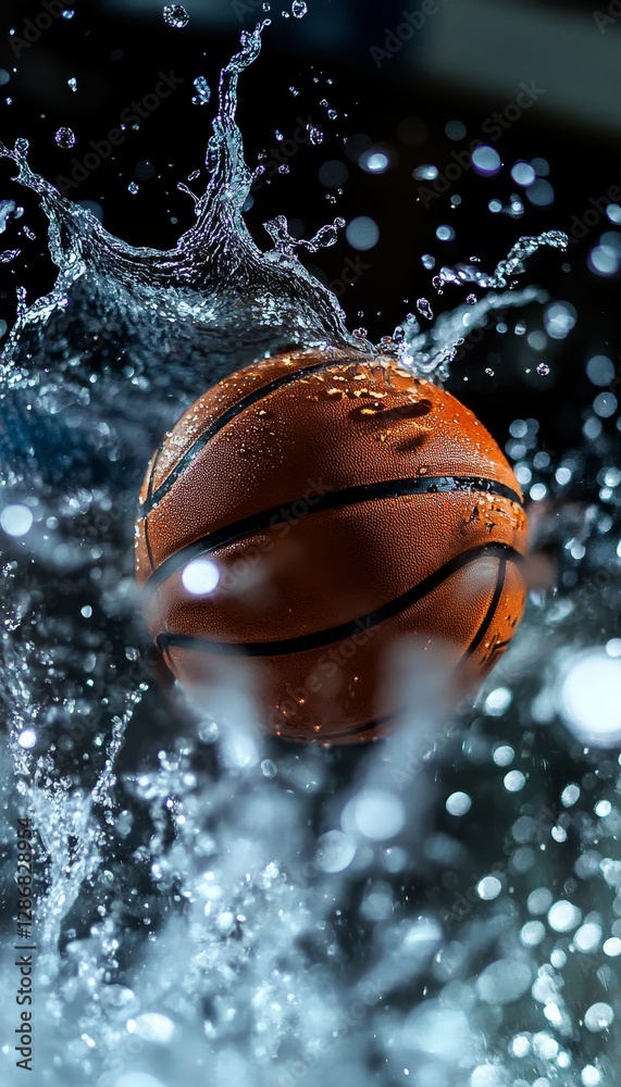 Close up of splashing water droplets from a basketball, capturing the excitement of sports action.