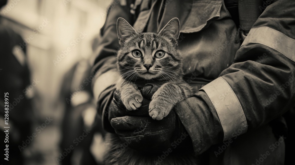 Fototapeta premium Firefighter rescuing cat after house fire intervention. Fireman holding rescued cat after intervening in a house fire, showing care and compassion. Vintage photo.