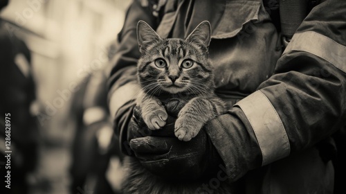 Firefighter rescuing cat after house fire intervention. Fireman holding rescued cat after intervening in a house fire, showing care and compassion. Vintage photo. photo