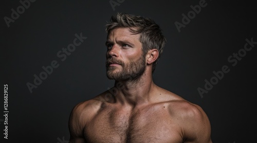 Muscular Man, Serious Expression, Studio Portrait, Possible Fitness Advertisement photo