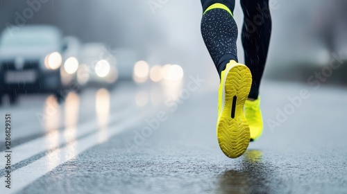 A focused runner in vivid workout gear makes strides on a wet pavement, against a blurred backdrop of city lights on a drizzly day.