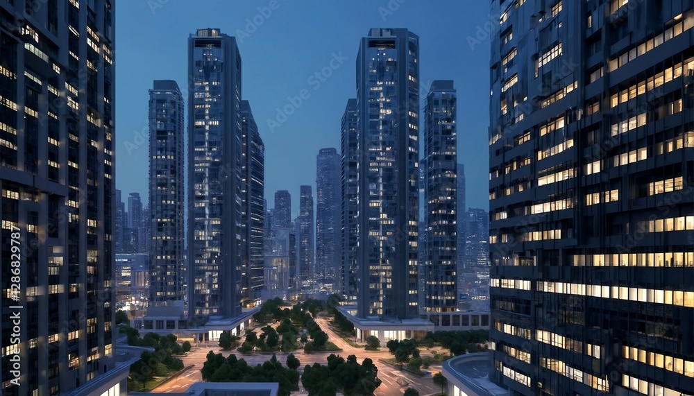 A nighttime photograph of multiple skyscrapers. A nighttime photograph of multiple skyscrapers.
